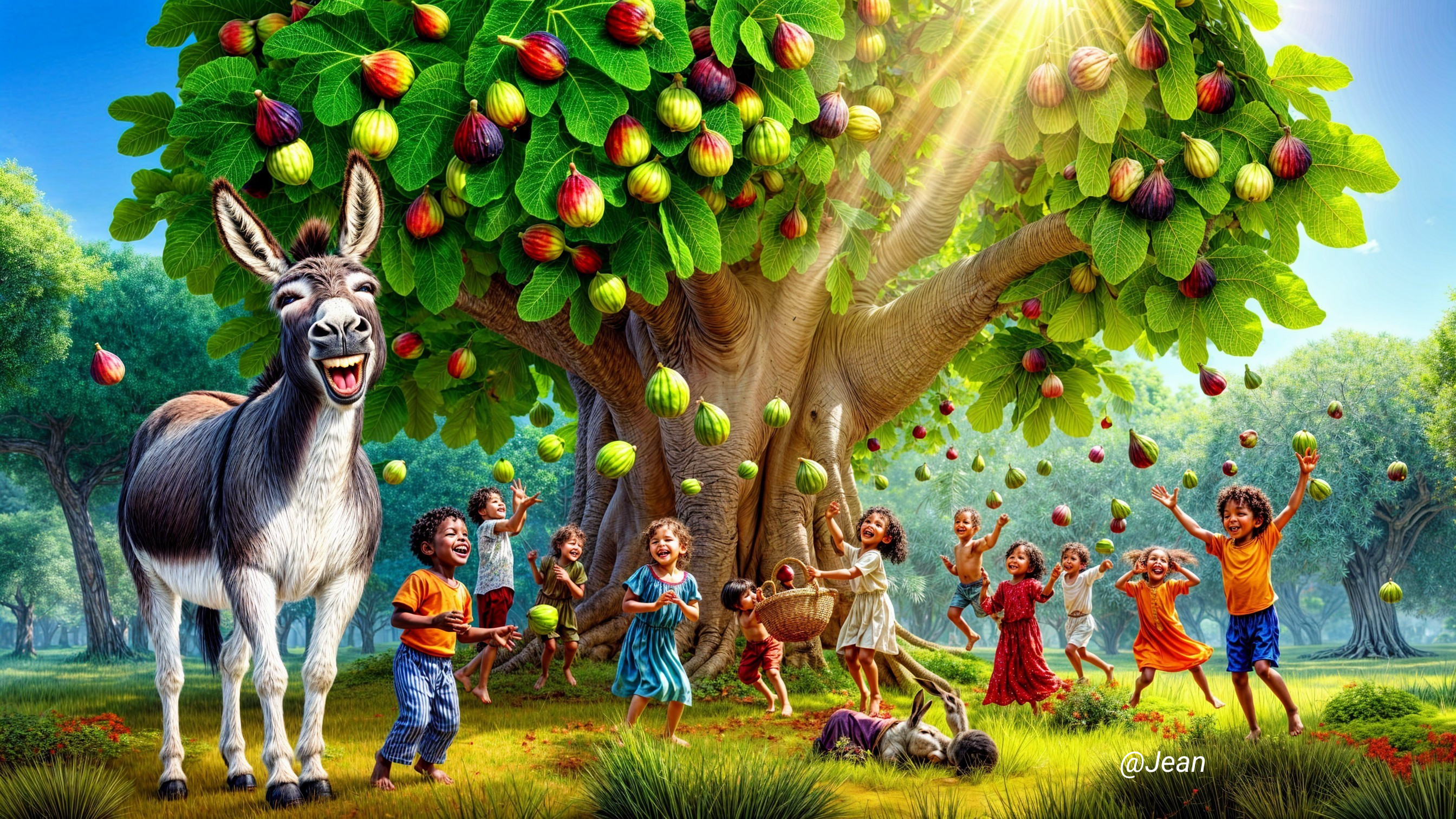 Joyful children and donkey play under a fruit tree