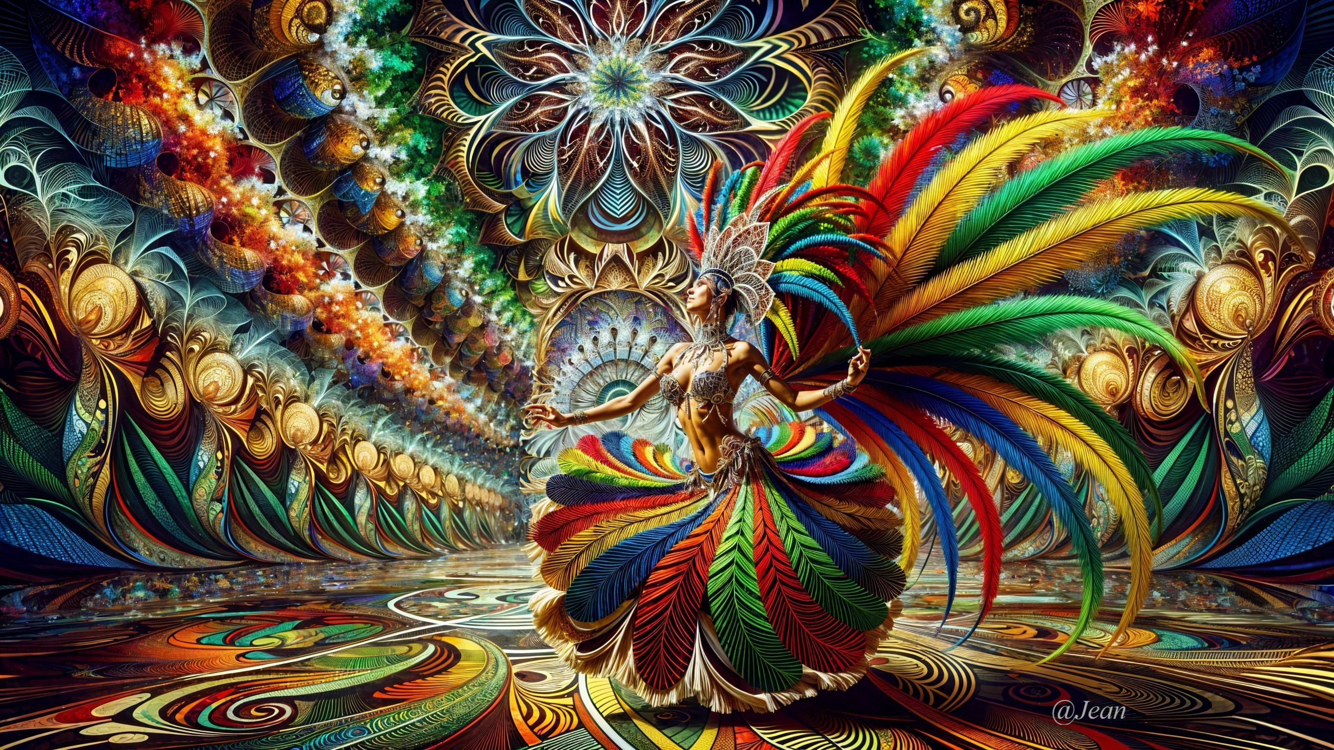 Vibrant Dancer in Colorful Feathered Costume Scene