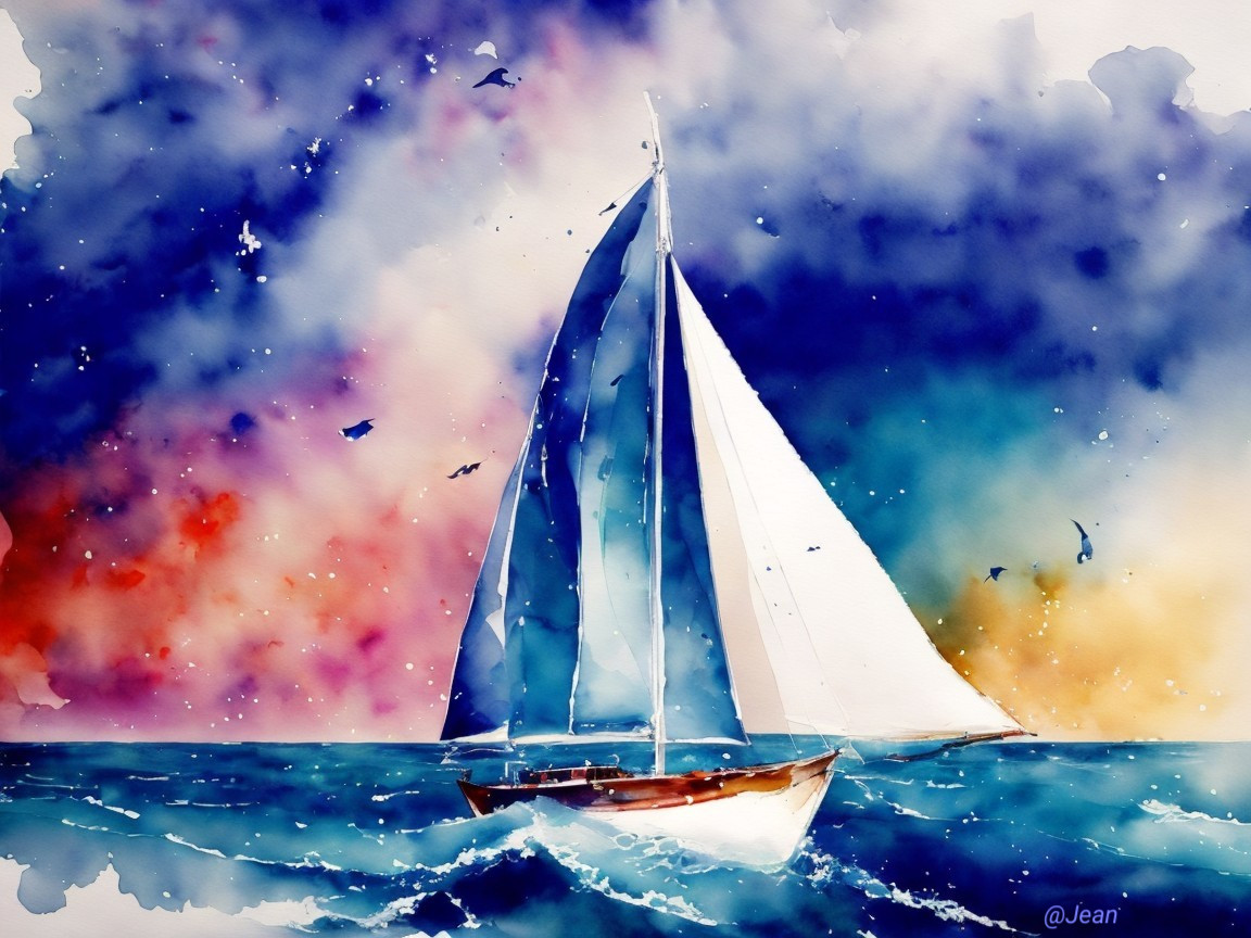 Watercolor Scene of Sailboat on Vibrant Waters