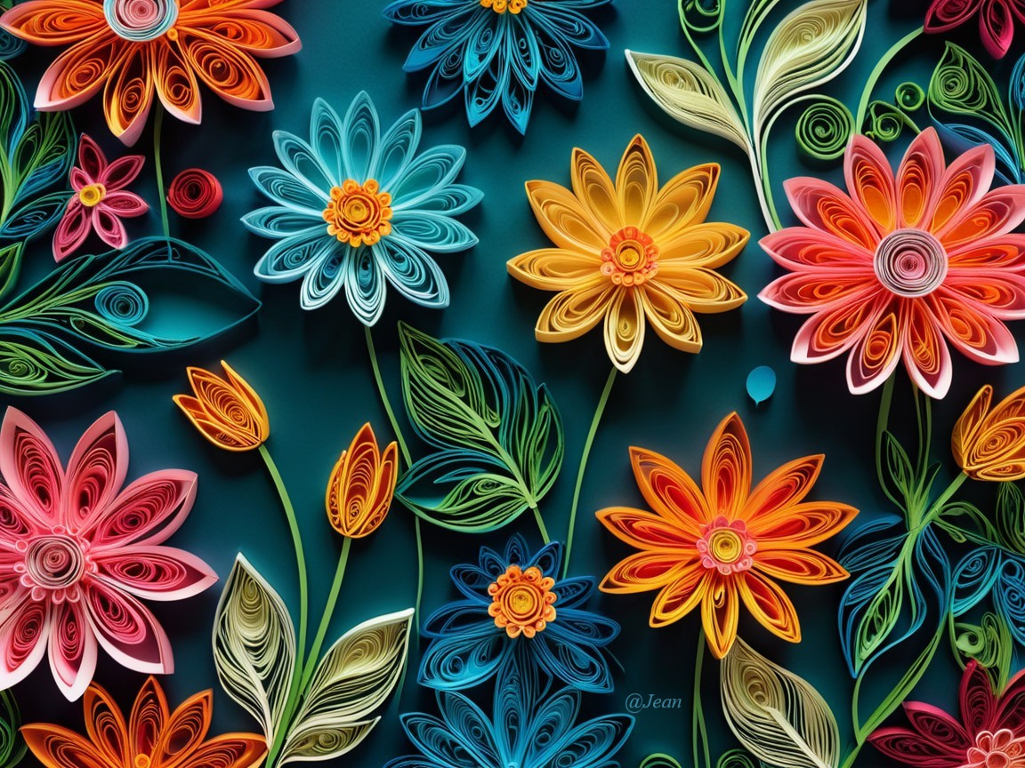Vibrant Quilled Flowers and Leaves on Blue Background