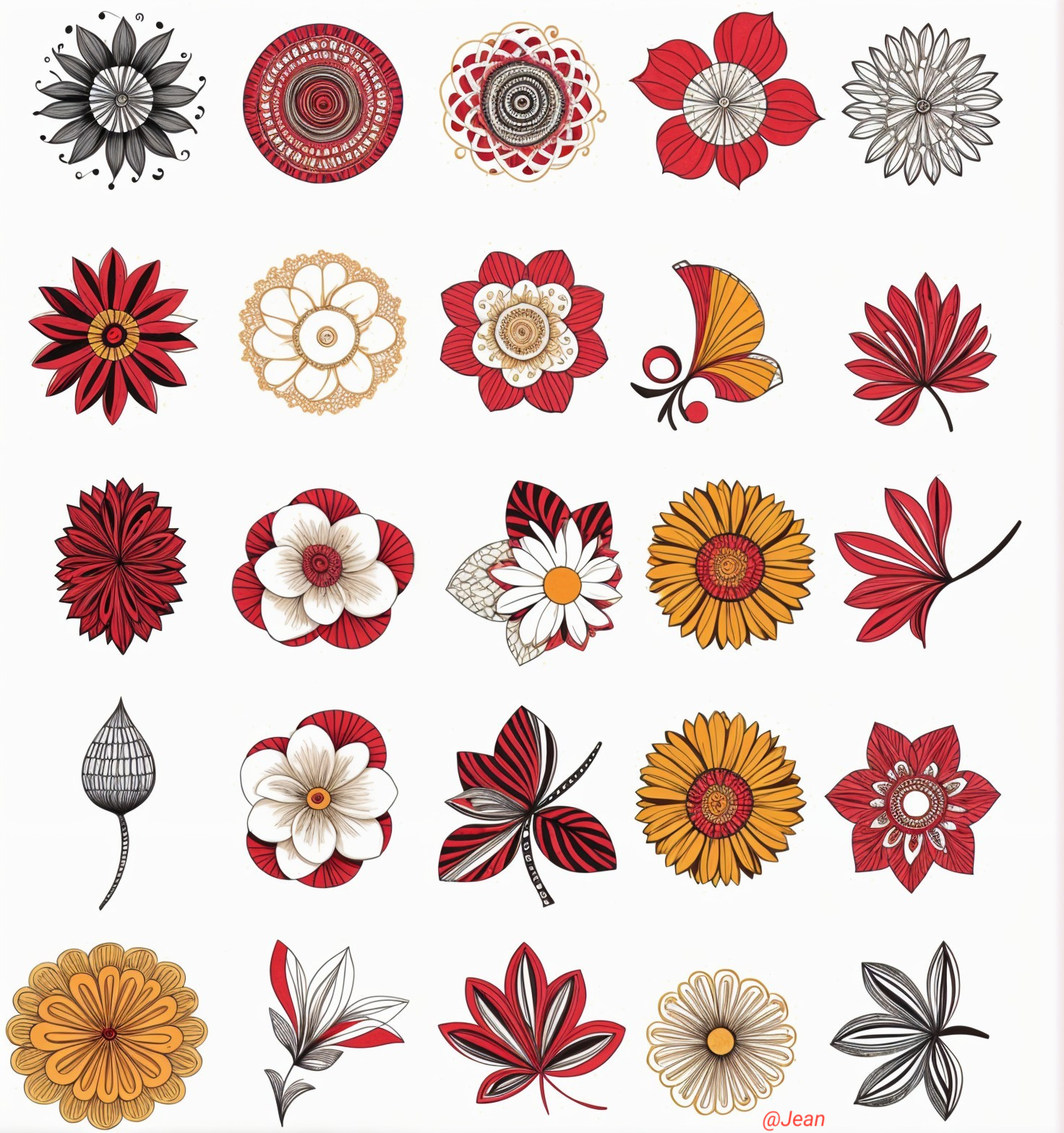Vibrant Floral Designs with Red, Yellow, and Black Elements