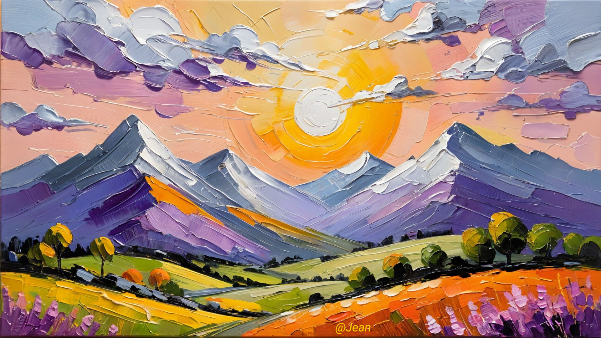 Vibrant Landscape Painting with Mountains and Sun