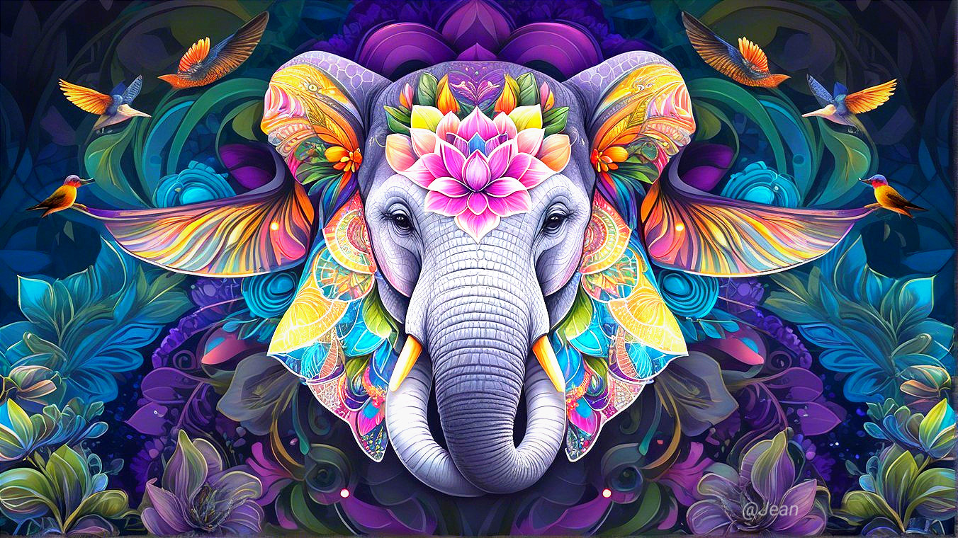 Colorful Elephant Face with Lotus Flower Design