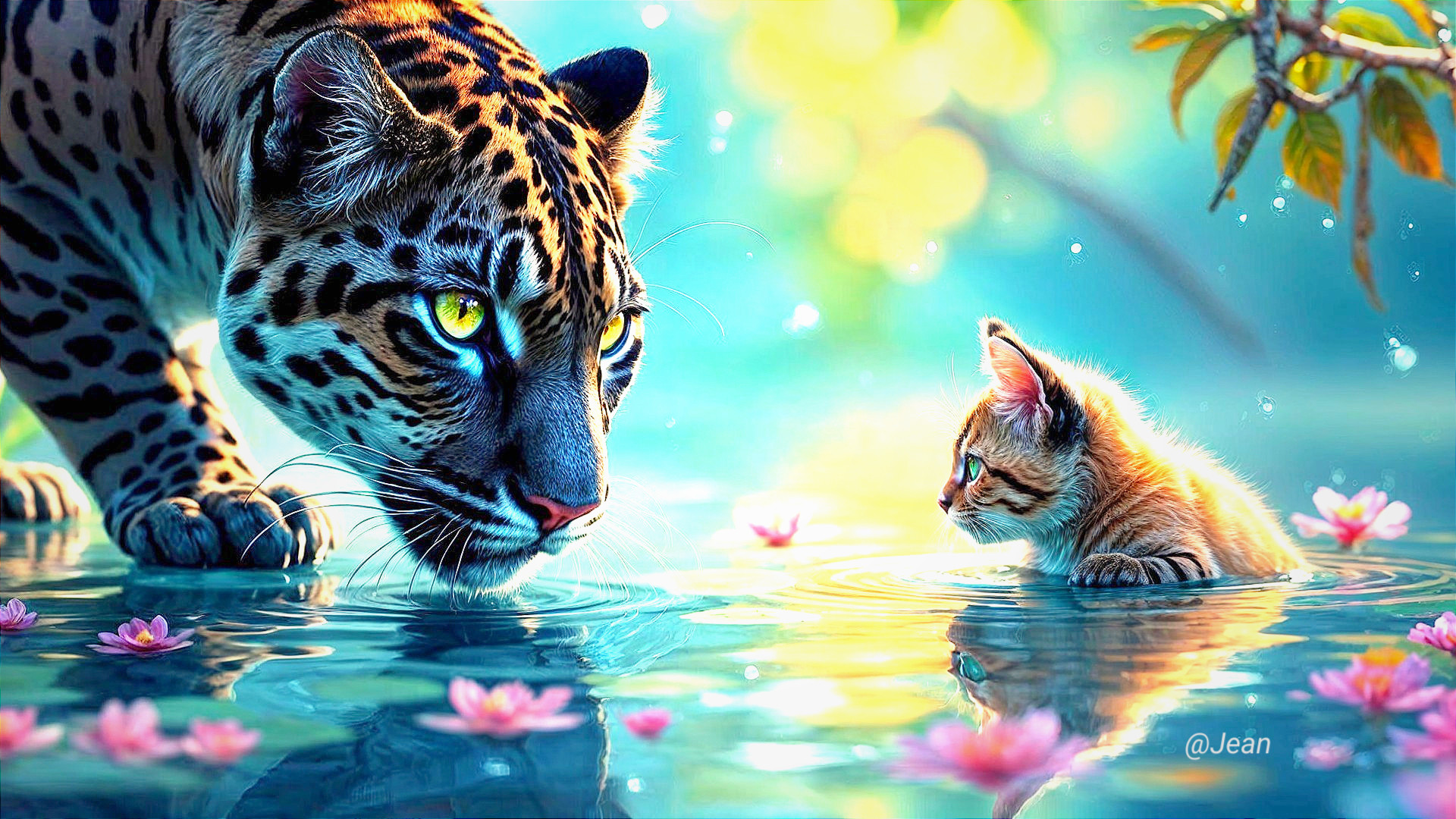 Jaguar and Kitten in Tranquil Natural Setting
