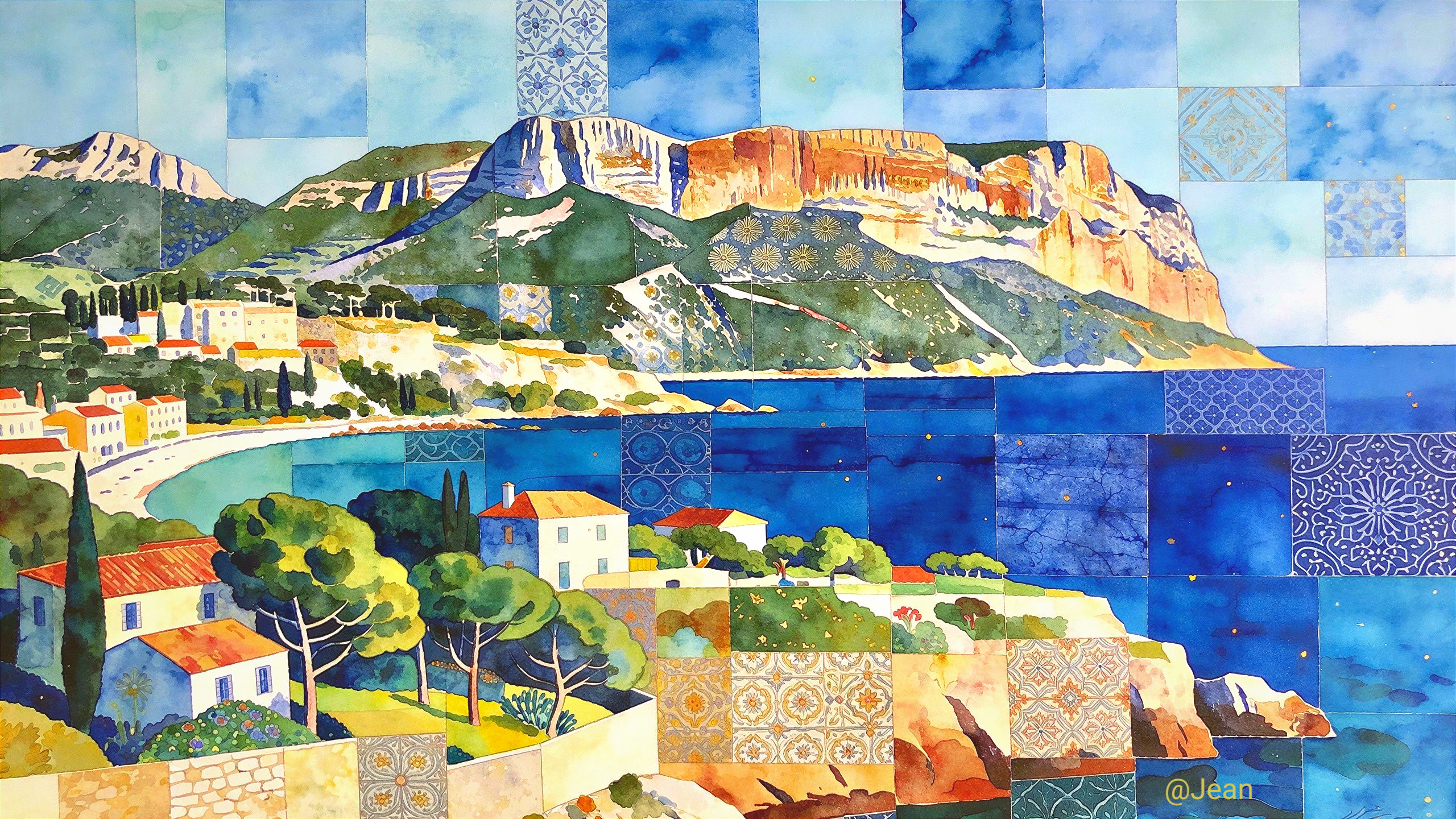 Colorful Watercolor Painting of Coastal Town and Bay