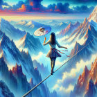 Tightrope Walker Above Snow-Capped Mountains at Sunrise