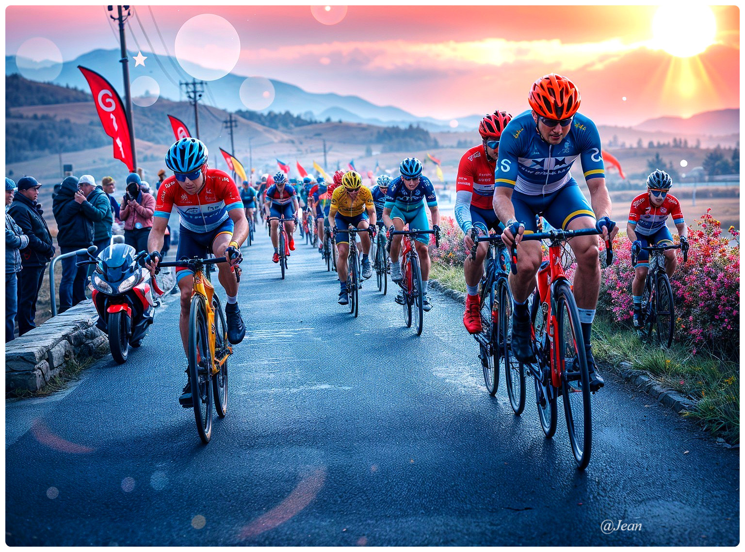 Competitive cycling event on a scenic sunset road