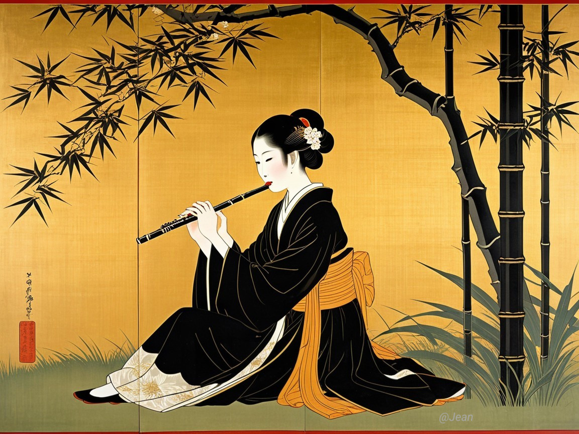 Young Woman in Traditional Attire Among Bamboo and Blossoms