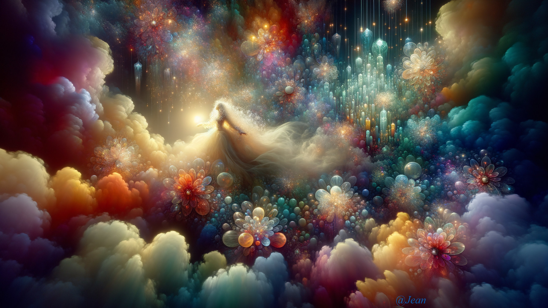 Mystical Figure Dancing in a Colorful Cosmic Scene