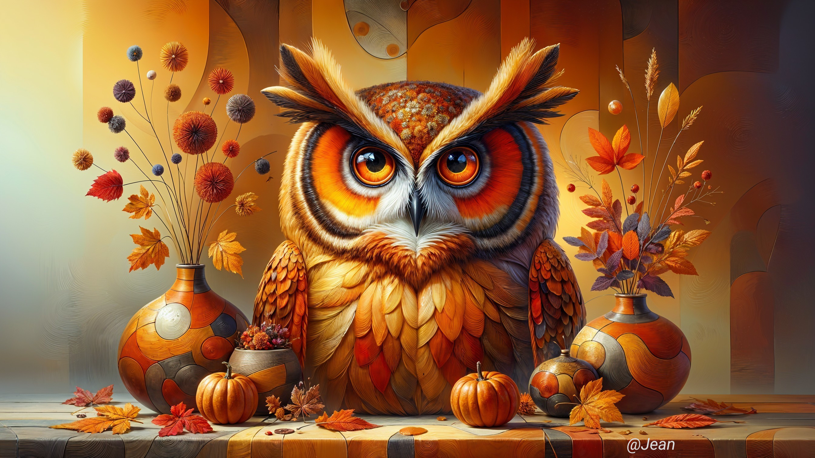 Majestic Owl Surrounded by Autumn Decor and Colors