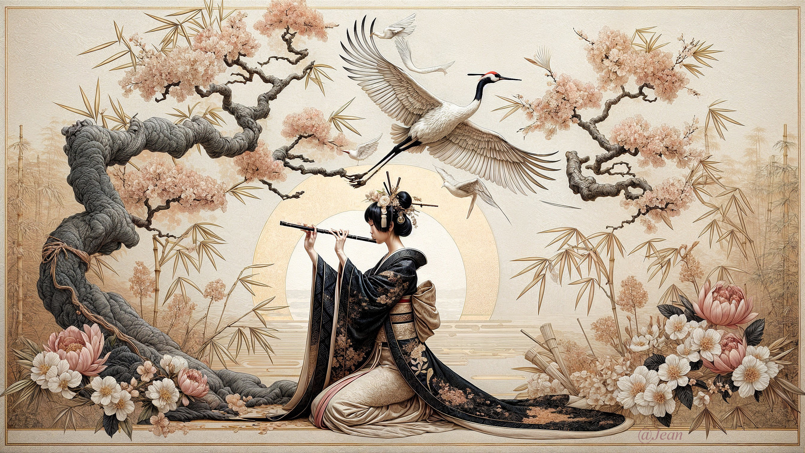Woman in Traditional Attire Playing Flute Among Blossoms