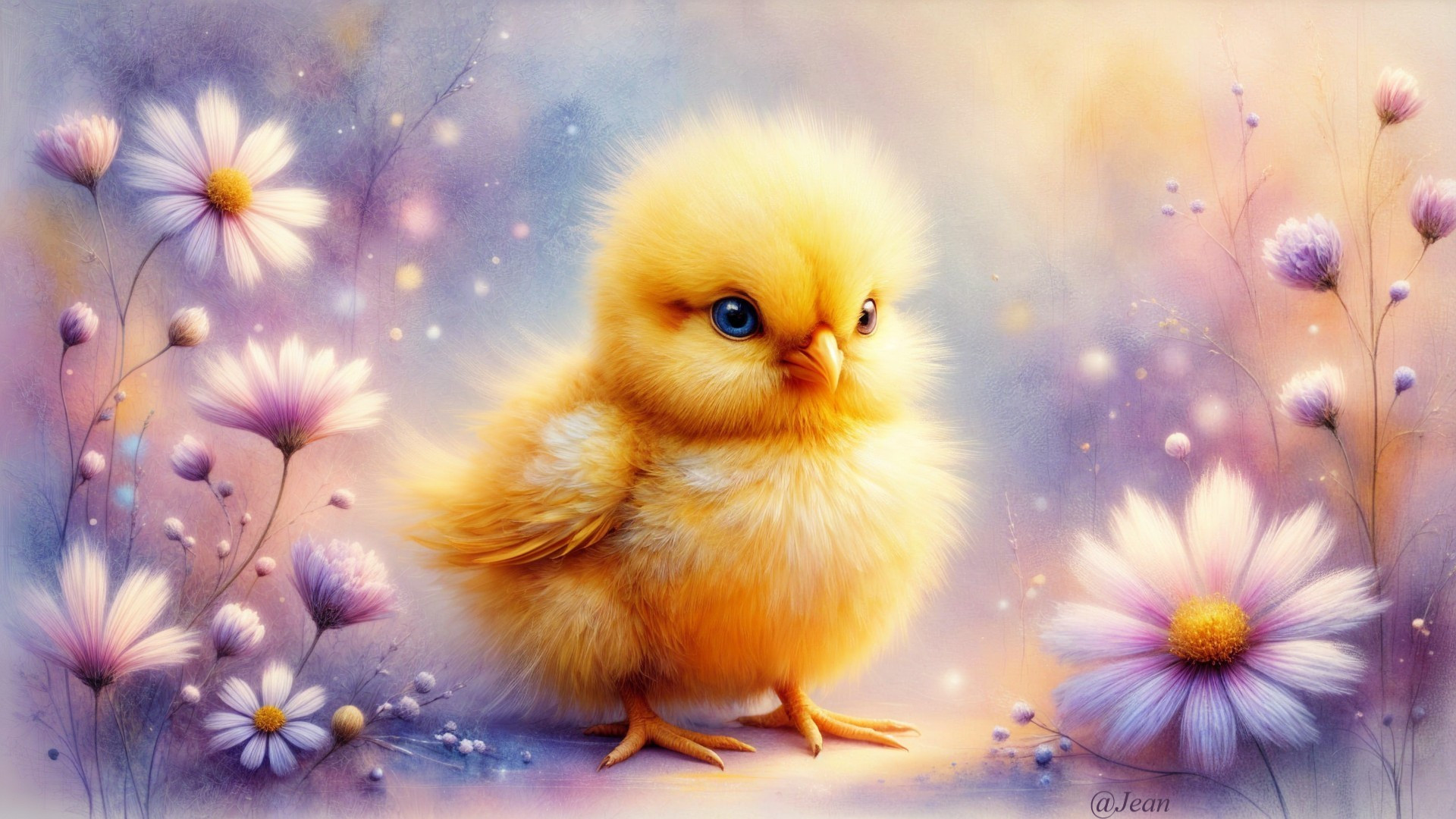 Fluffy Yellow Chick in Pastel Flower Background