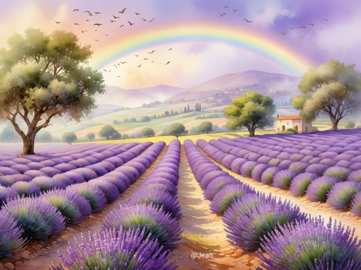 Vibrant Lavender Fields with Rainbow and Hills