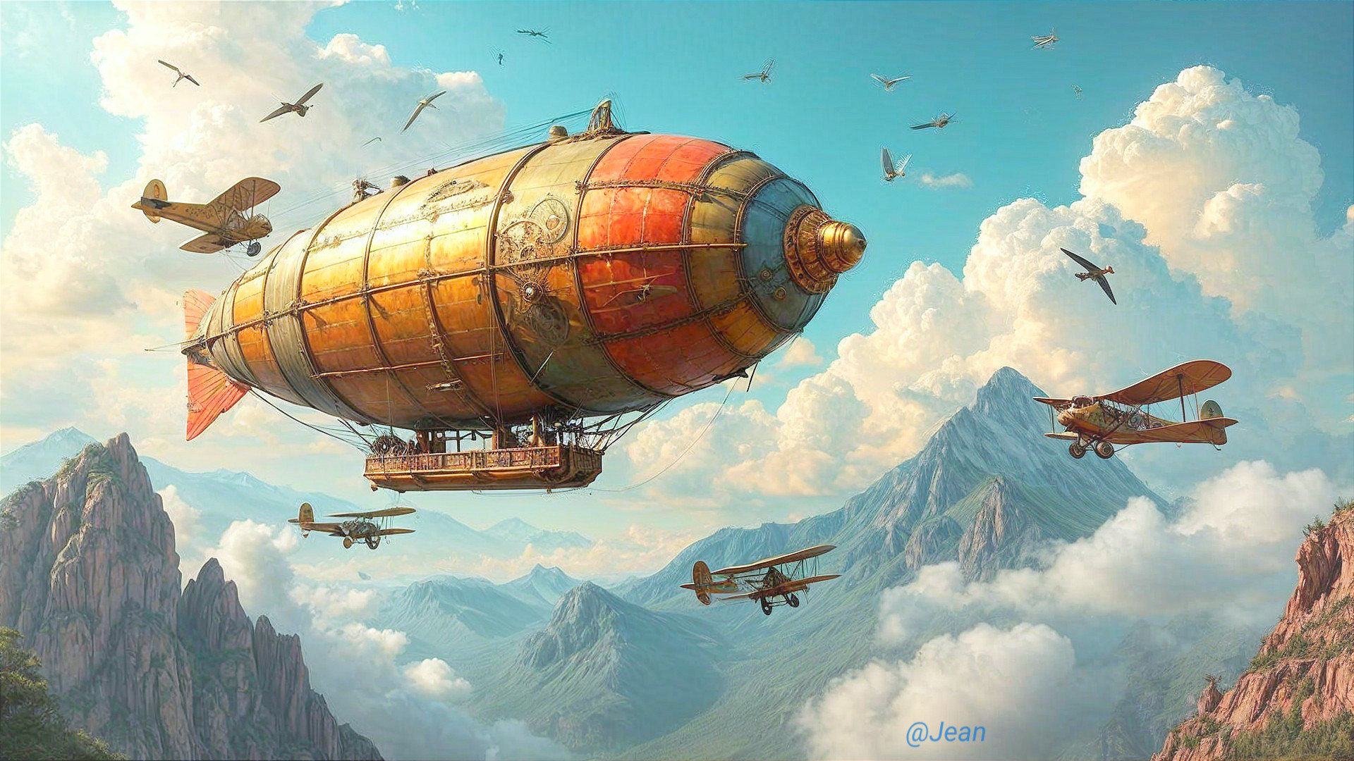 Steampunk Airship in a Cloudy Mountainous Landscape
