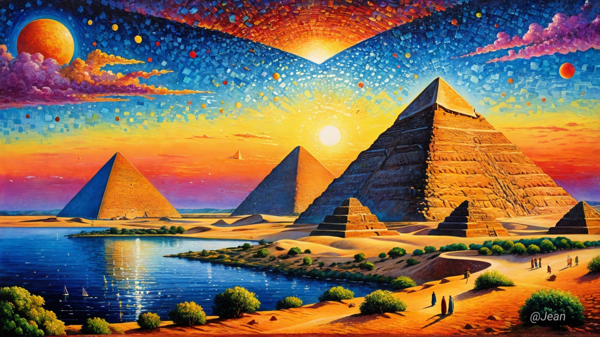 Great Pyramids of Giza Under Surreal Sunset Scene
