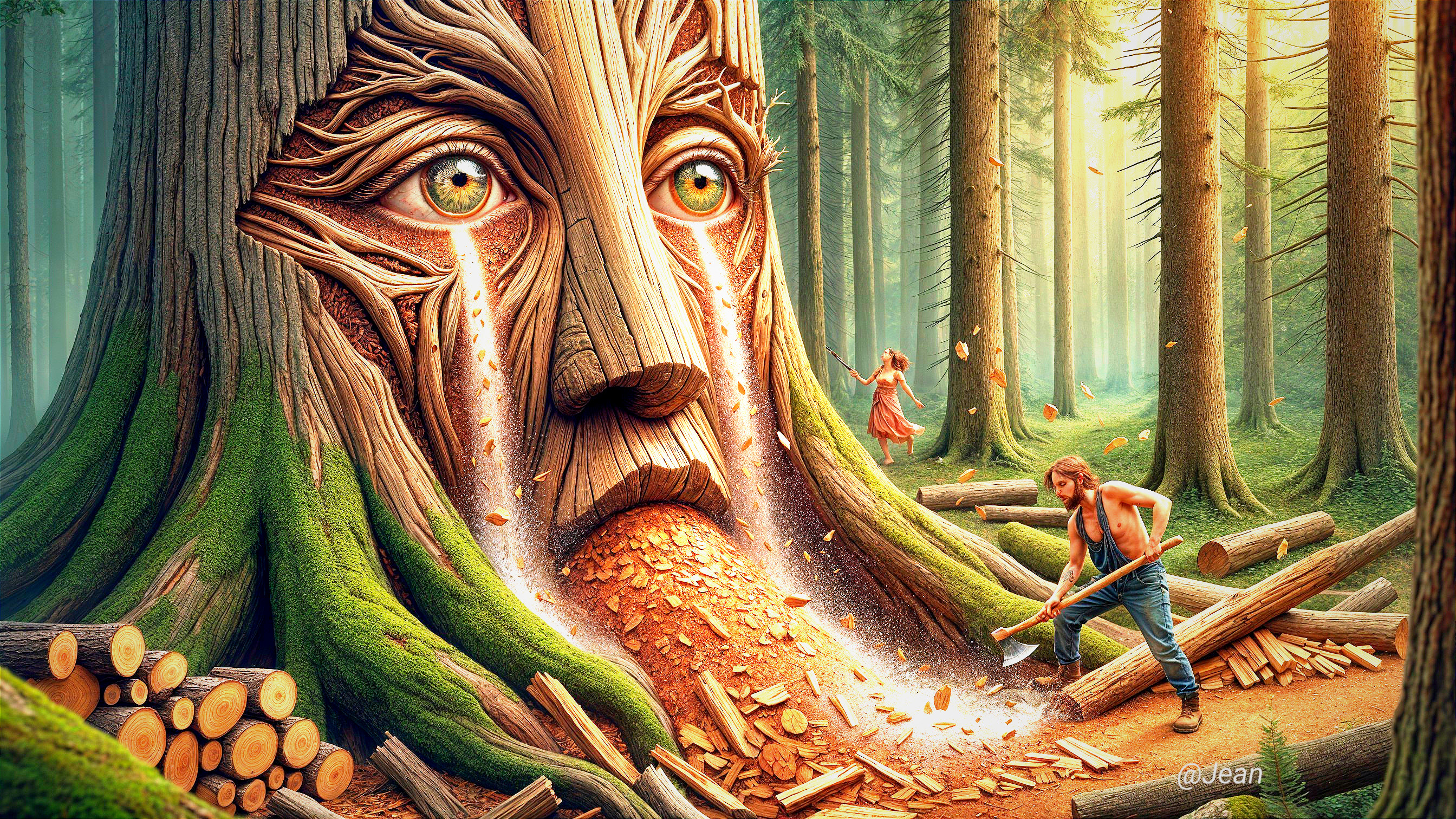 Giant Tree Trunk with Carved Face in Enchanted Forest