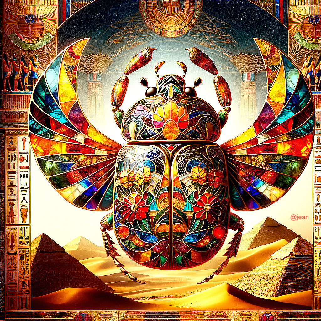 Intricate Scarab Beetle with Egyptian Pyramids Background