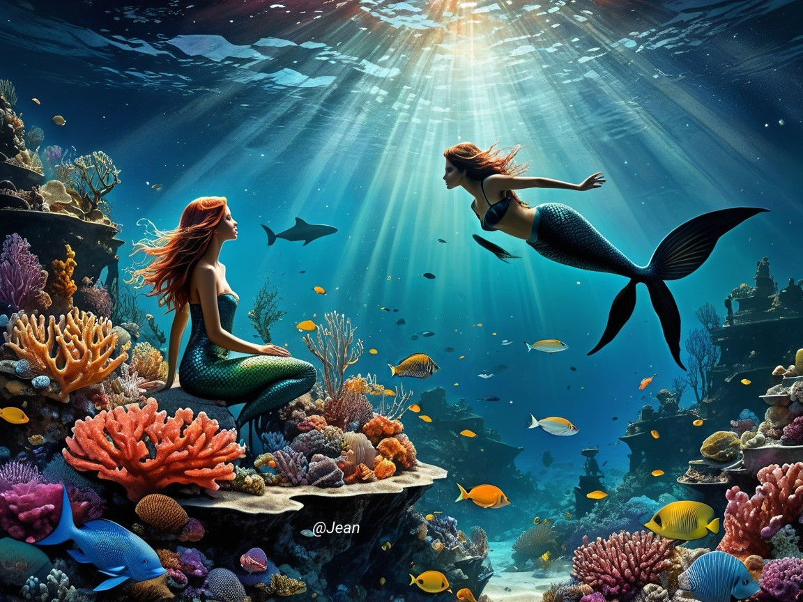 Underwater Scene with Mermaids and Coral Reefs