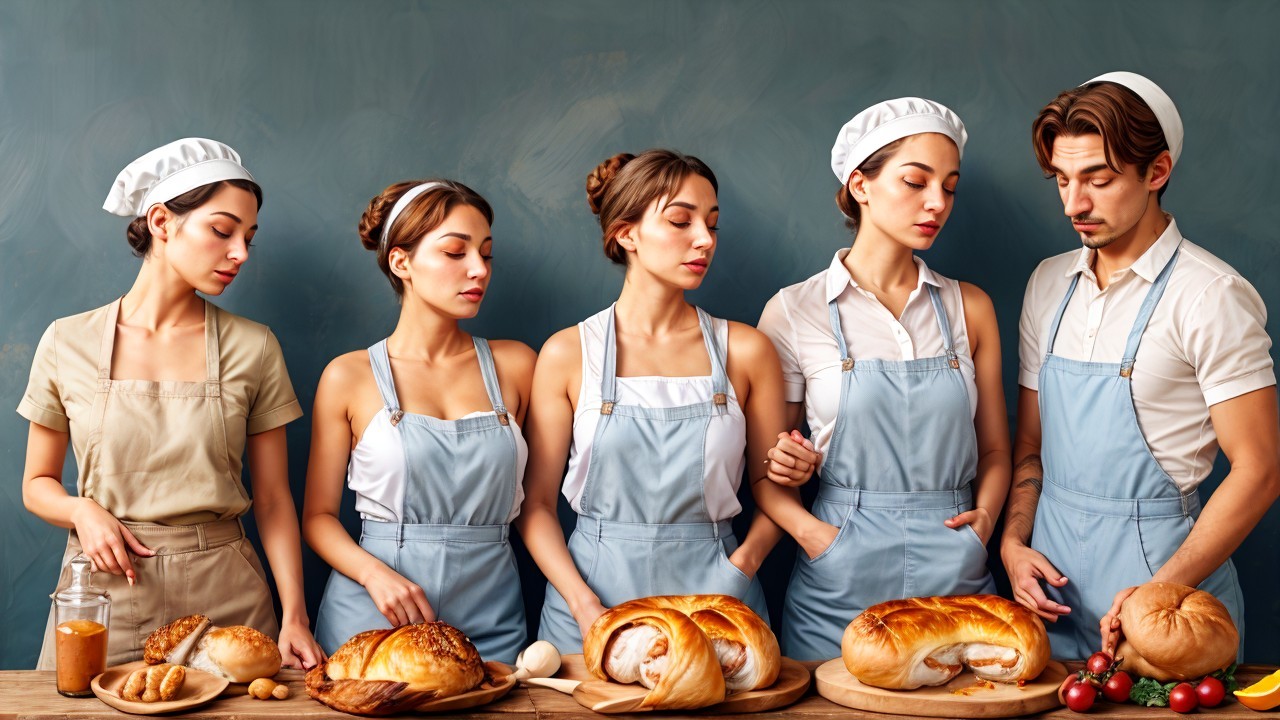 Young Bakers with Breads and Pastries at Wooden Table
