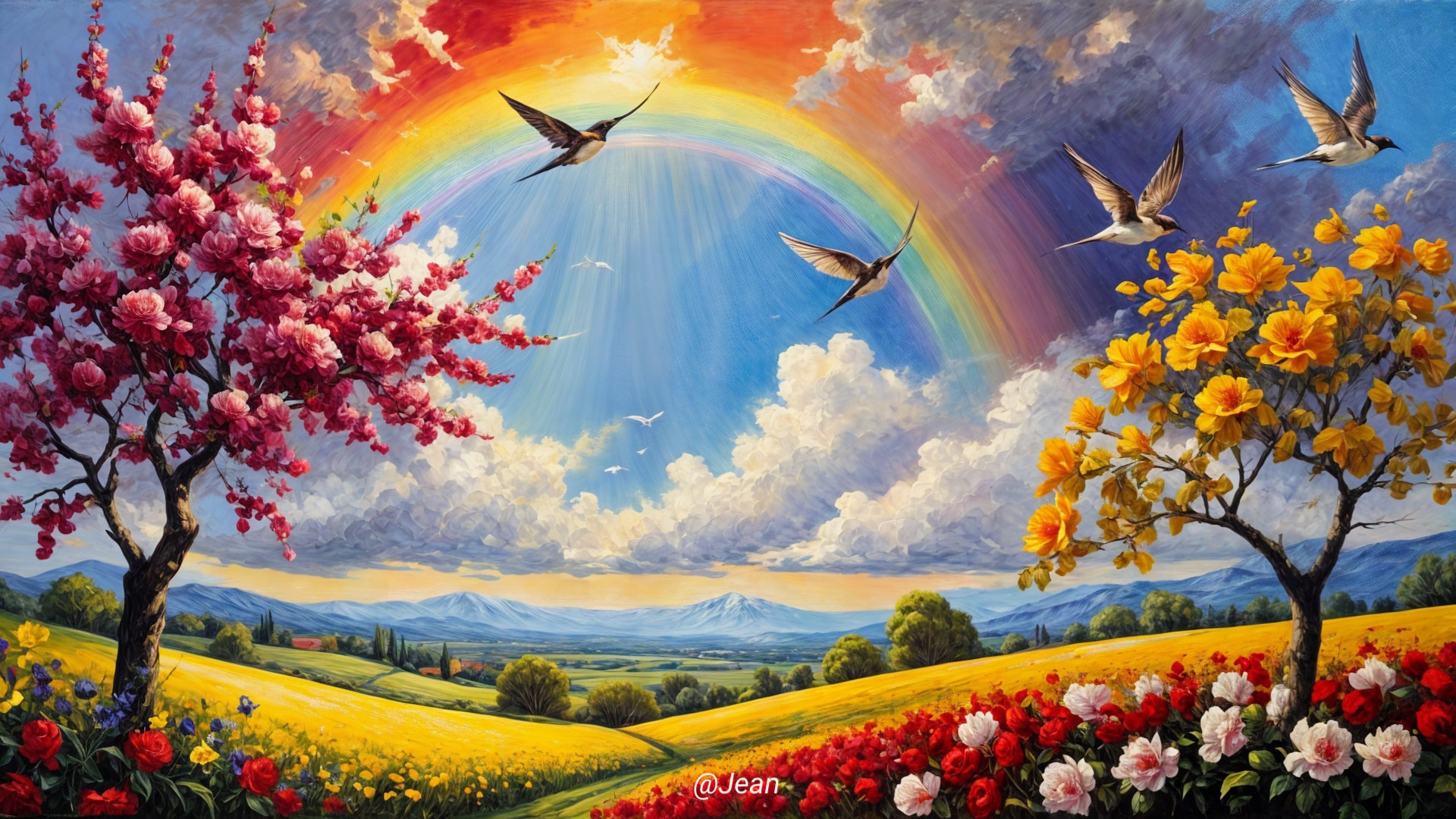 Vibrant Landscape with Rainbow and Blossoming Trees