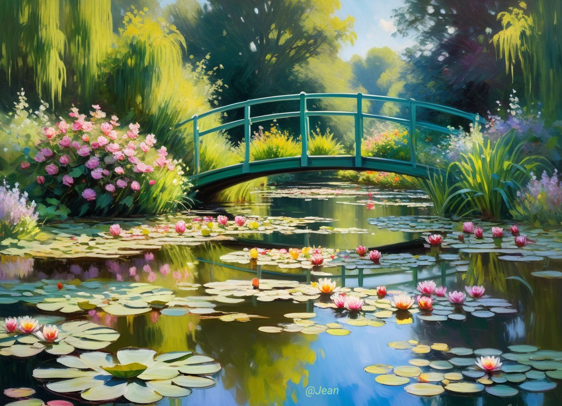 Serene Garden with Green Bridge and Water Lilies
