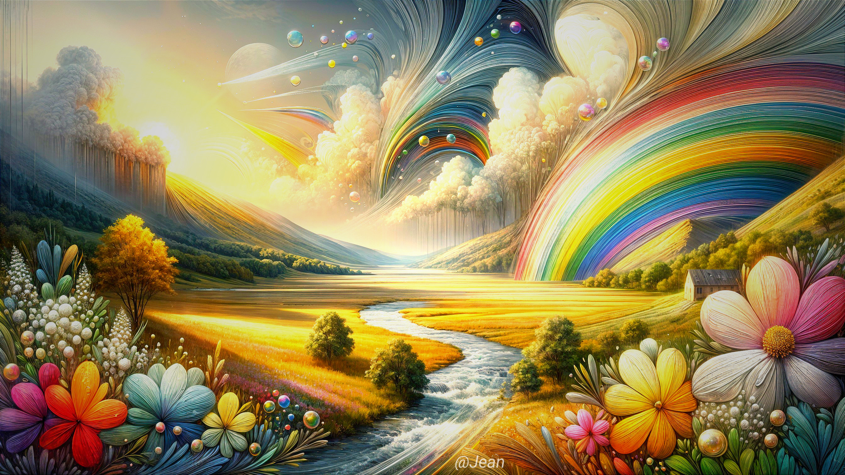 Vibrant landscape with river, fields, and rainbow
