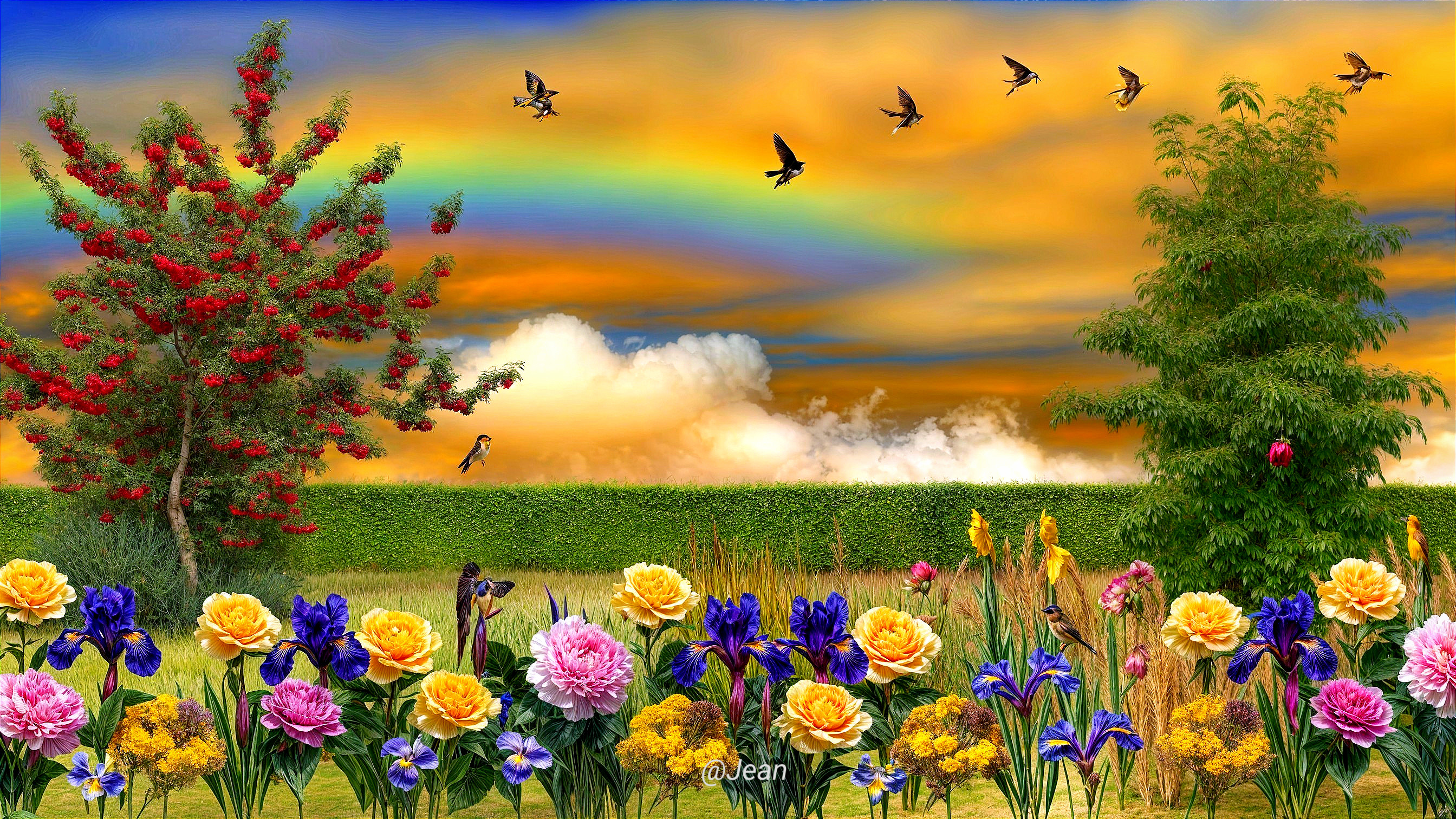 Vibrant Landscape with Colorful Flowers and Rainbow