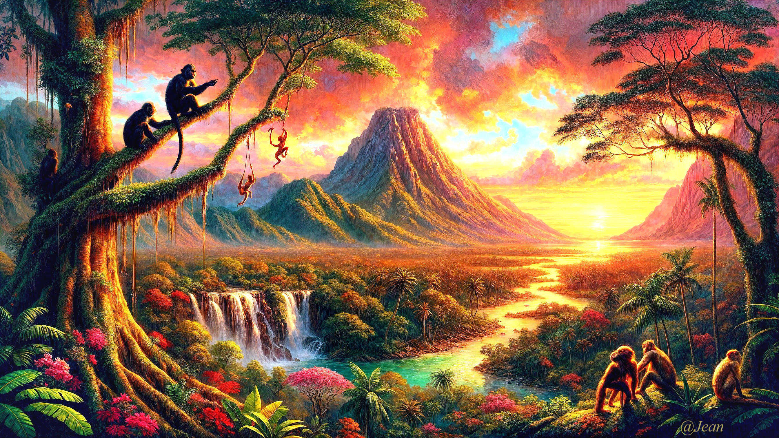 Vibrant Landscape with Mountains and Waterfalls