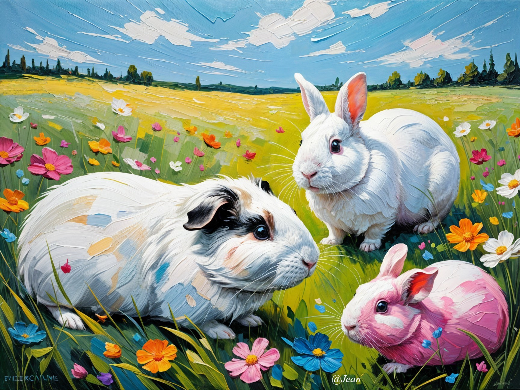 Rabbits and Guinea Pig in Colorful Meadow Setting