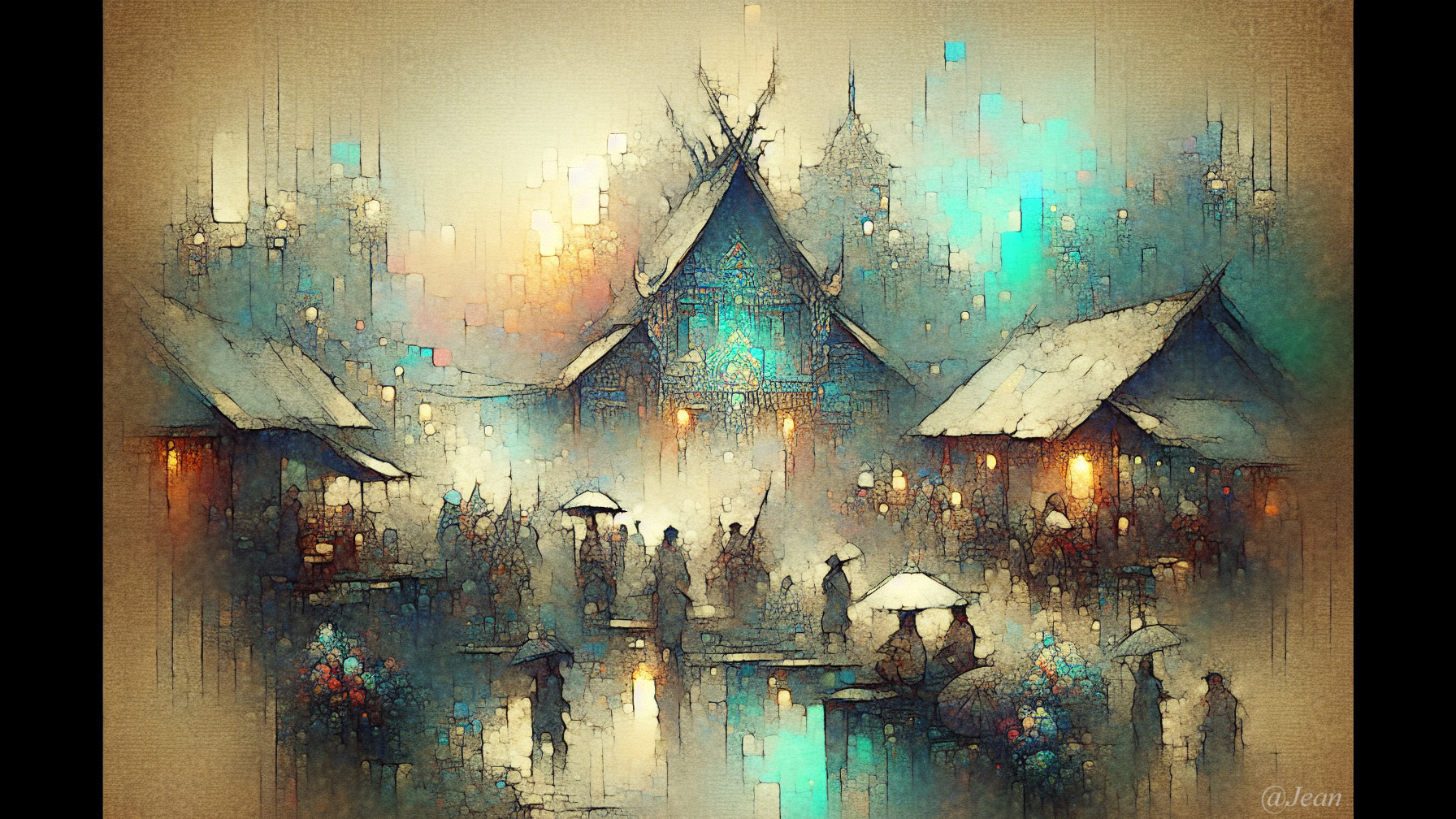 Foggy Village Landscape with Wooden Houses and Lanterns