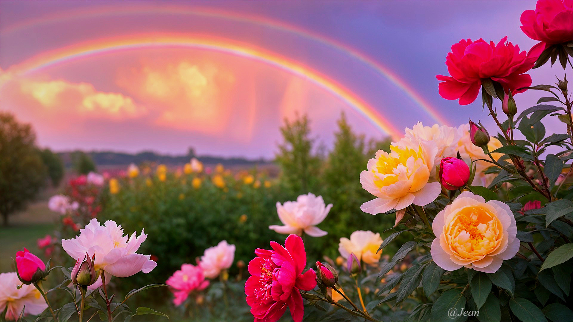 Vibrant garden with blooming flowers and double rainbow