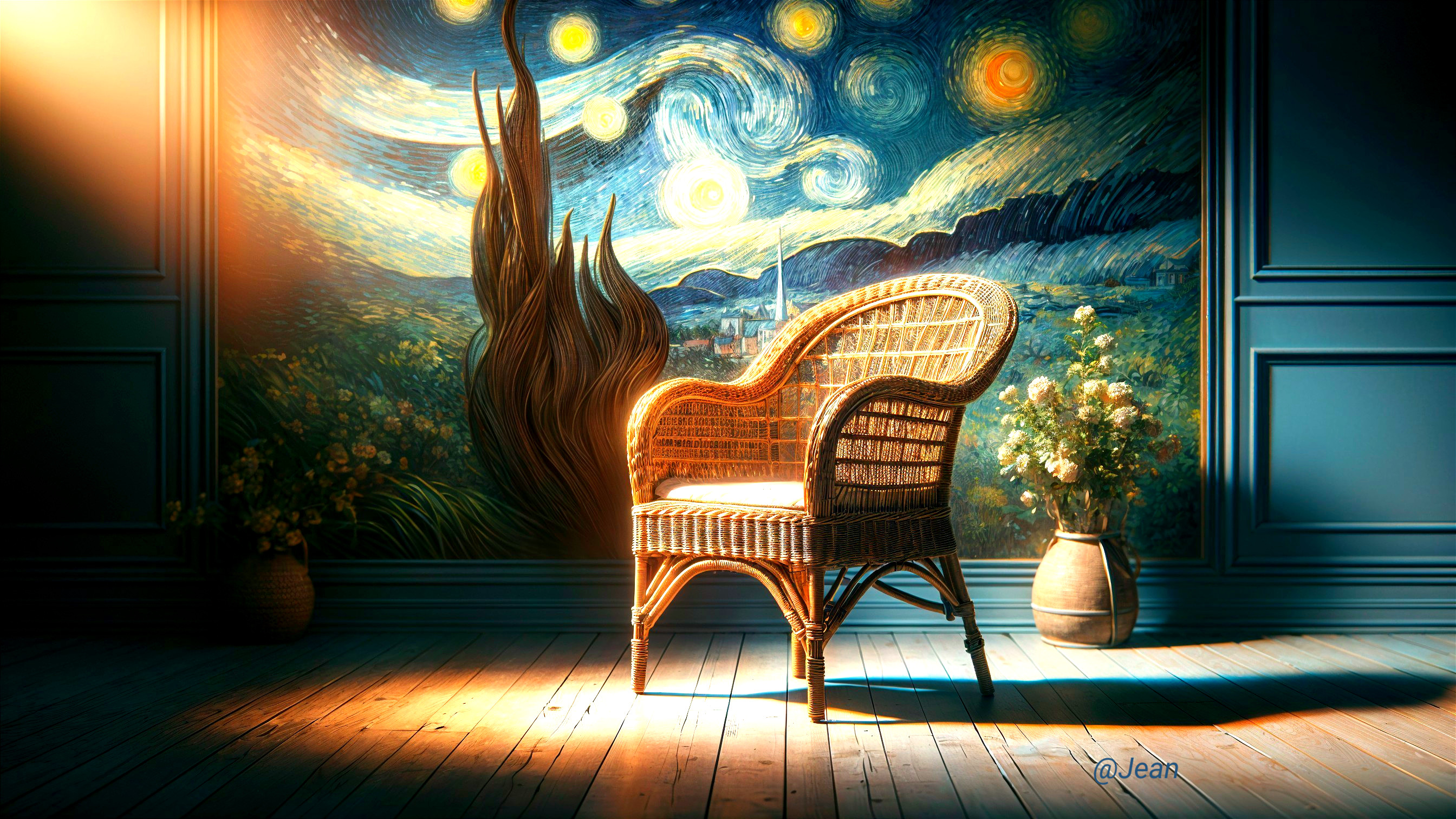 Wicker Chair Against Mural Inspired by Starry Night