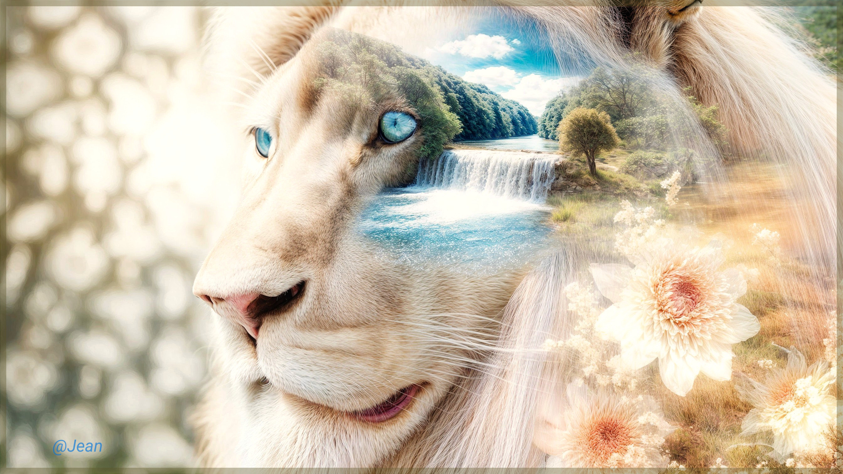 Ethereal Lion's Face with Serene Landscapes and Waterfall