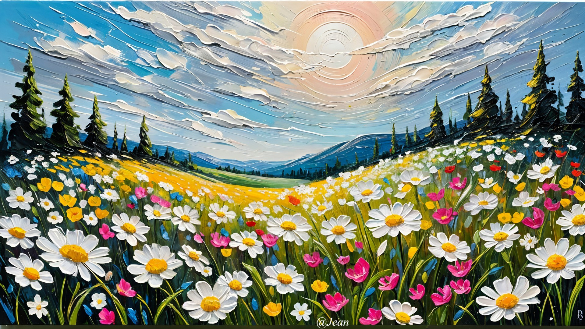 Vibrant Landscape with Daisies and Rolling Hills