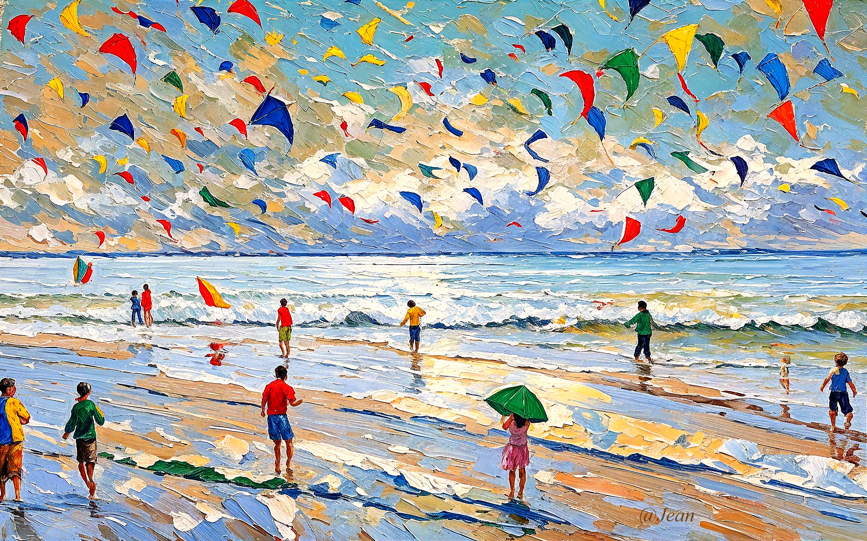 Vibrant Beach Scene with Colorful Kites and Waves