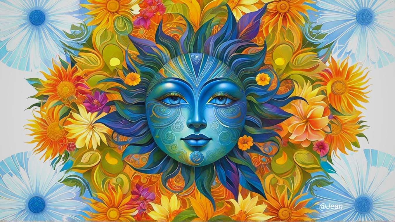 Abstract Sun Face Surrounded by Colorful Flowers