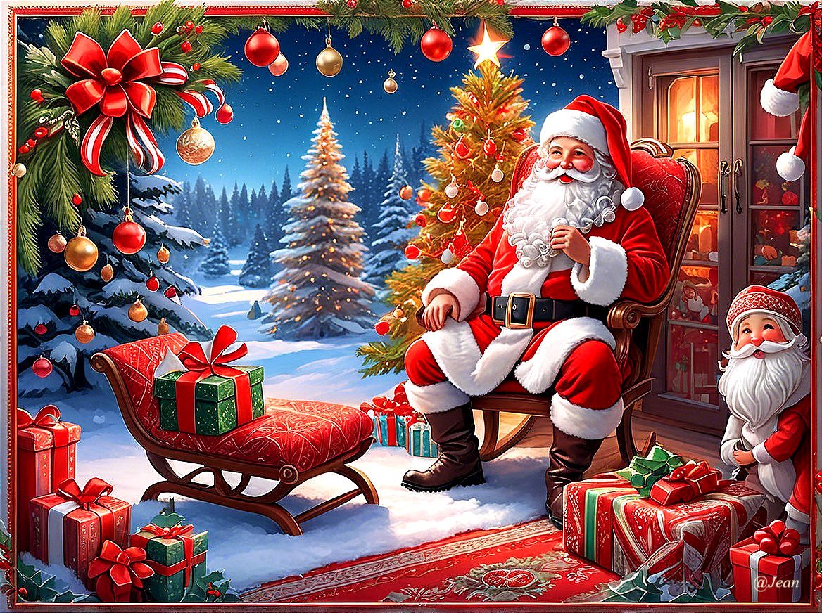 Santa Claus in a Cozy Winter Setting with Decorated Trees