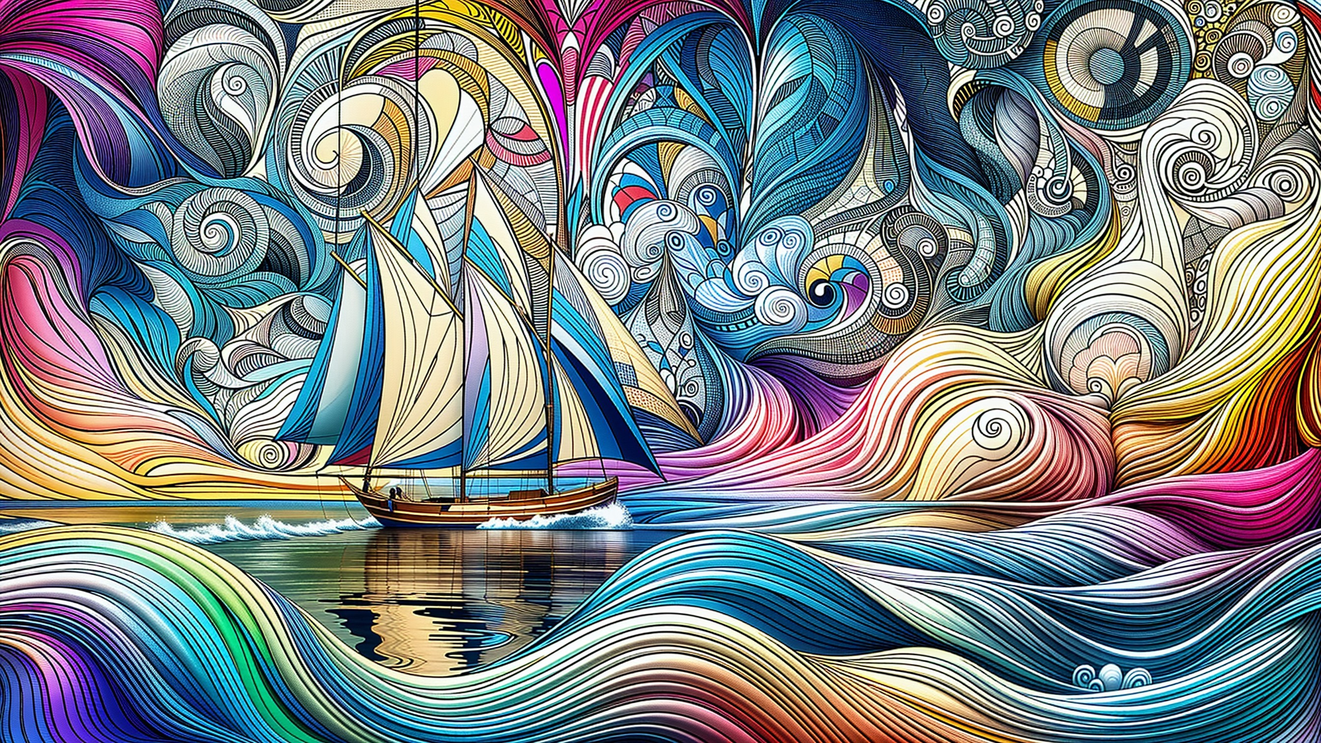 Vibrant Sailboat Scene on Reflective Colorful Waters