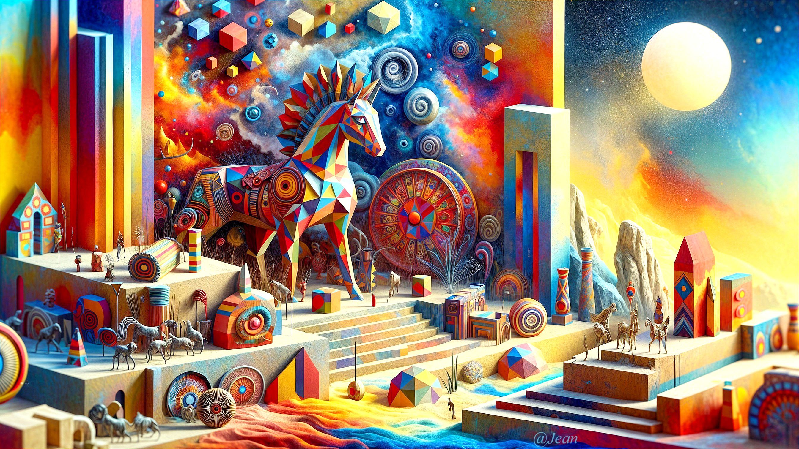 Surreal Landscape with Abstract Horse and Geometric Shapes