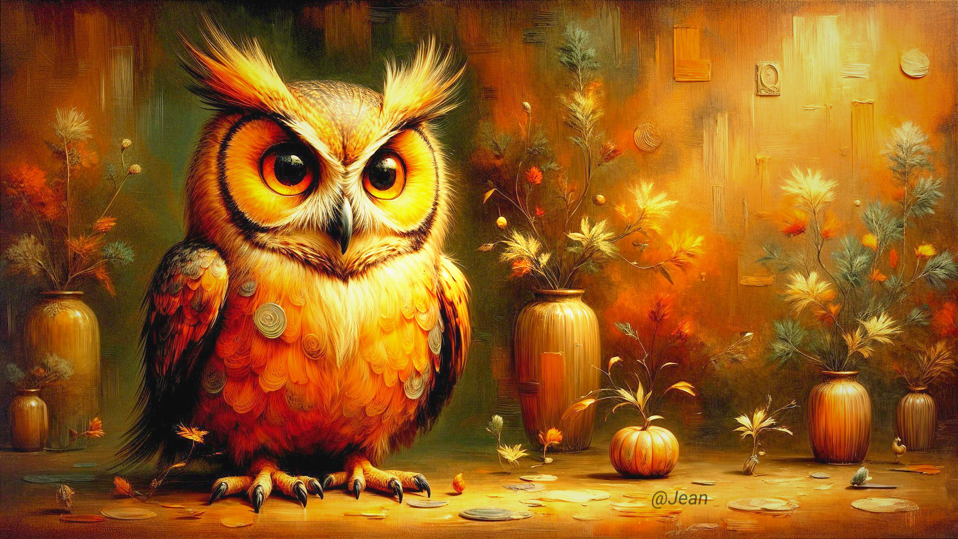 Vibrant Owl in Cozy Autumn Setting with Pumpkins