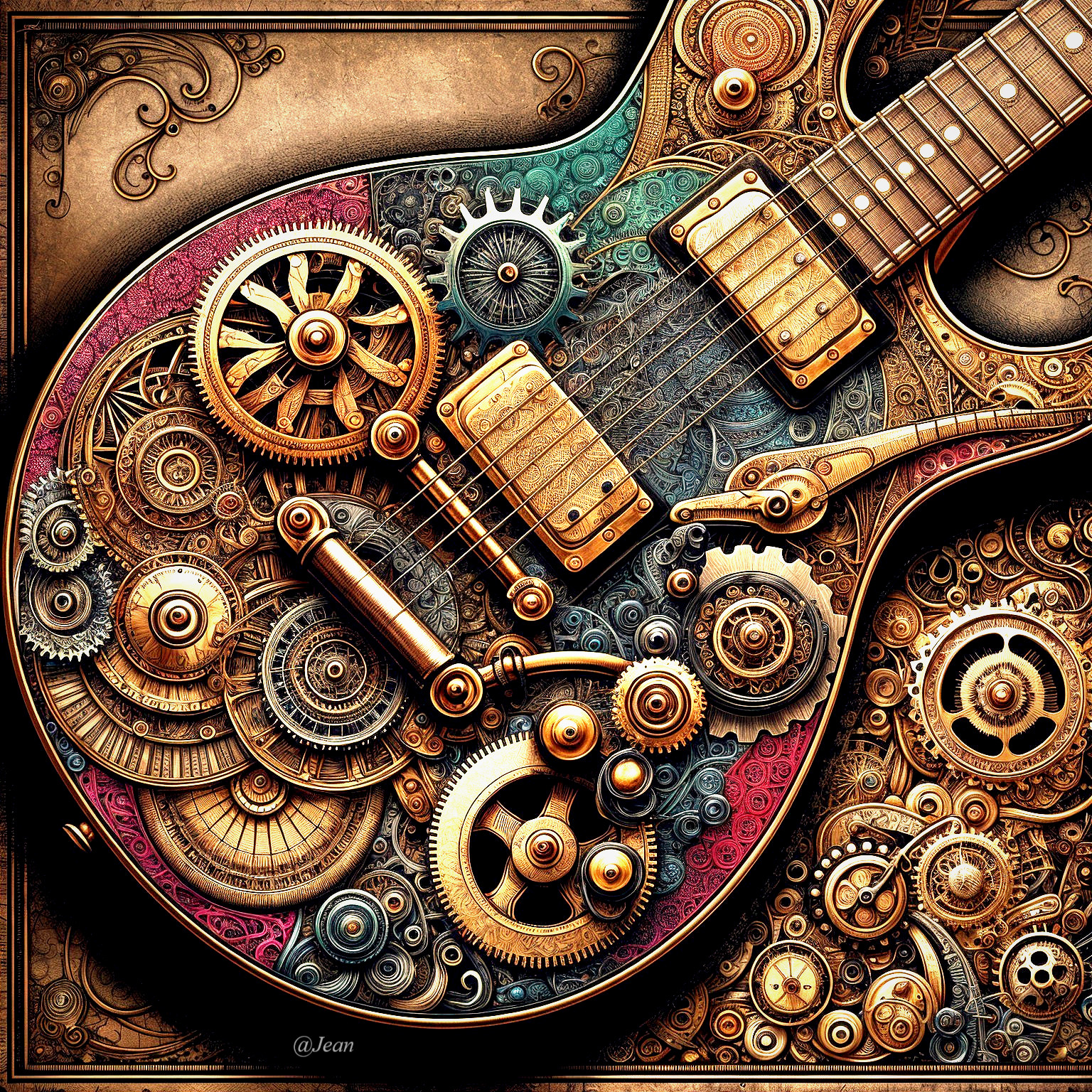 Intricate Steampunk Electric Guitar Design Features