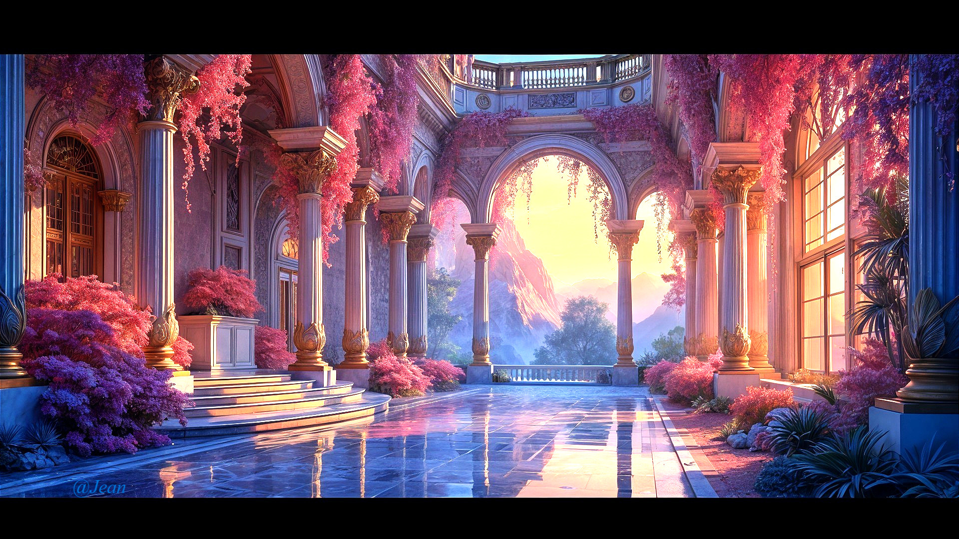 Majestic Columns with Pink Foliage and Sunlit Interior