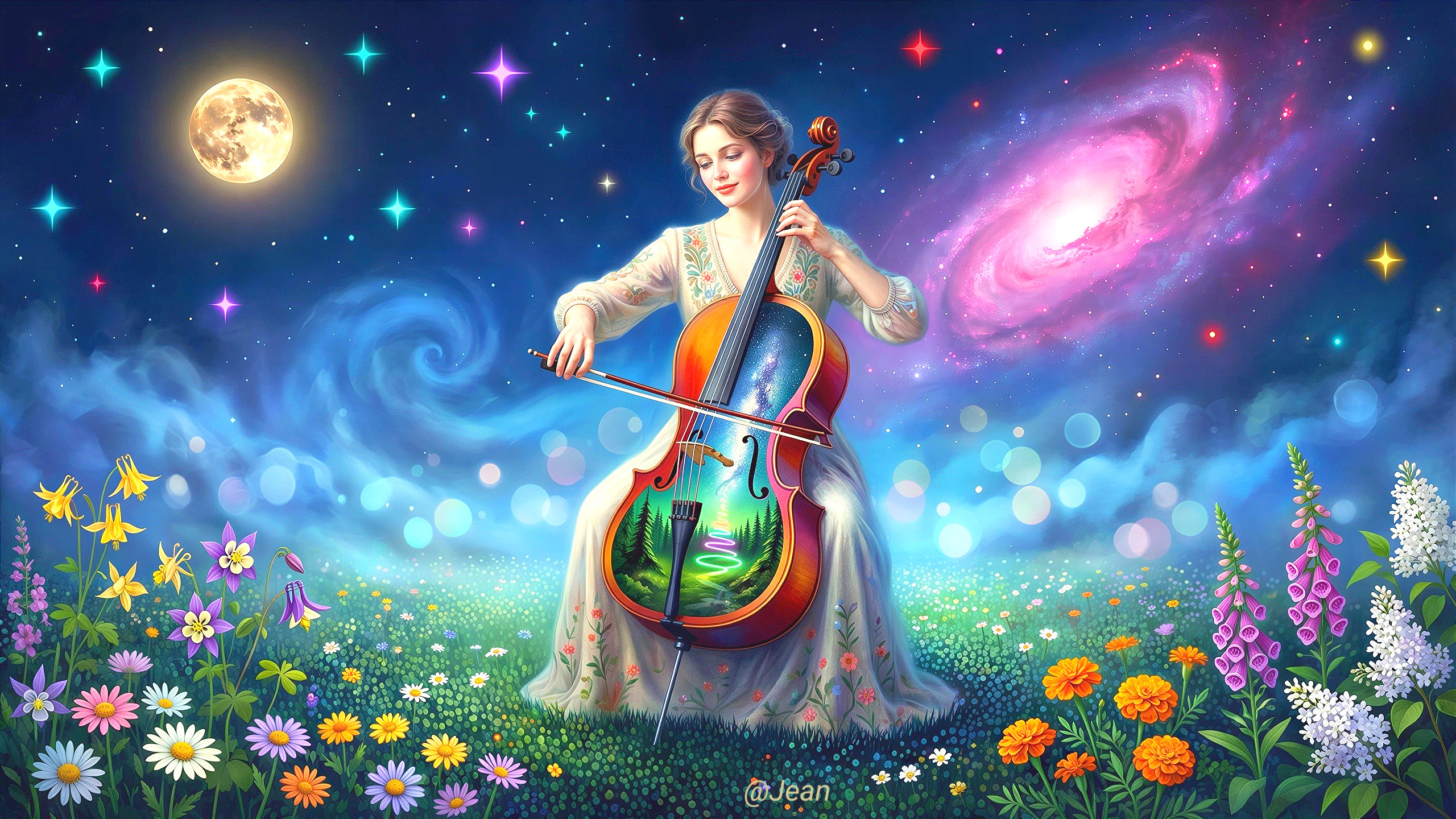 Woman in White Dress Playing Colorful Cello in Field