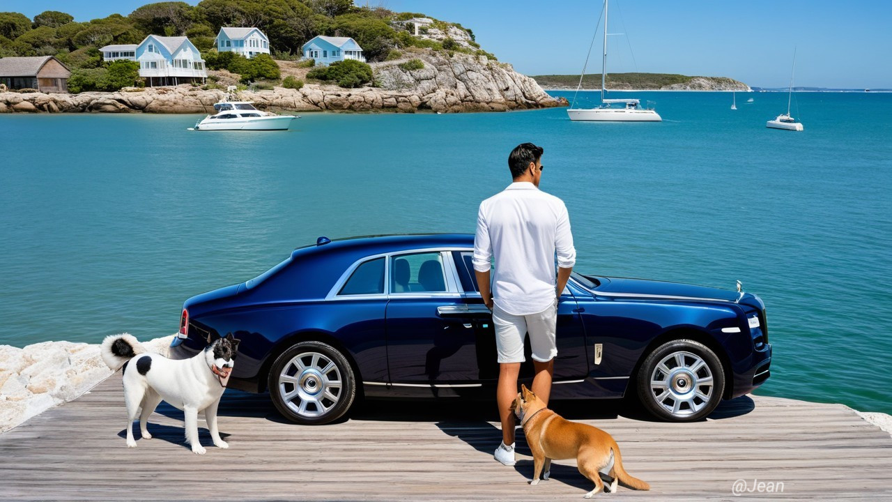 Man with dogs by blue luxury car at coastal dock
