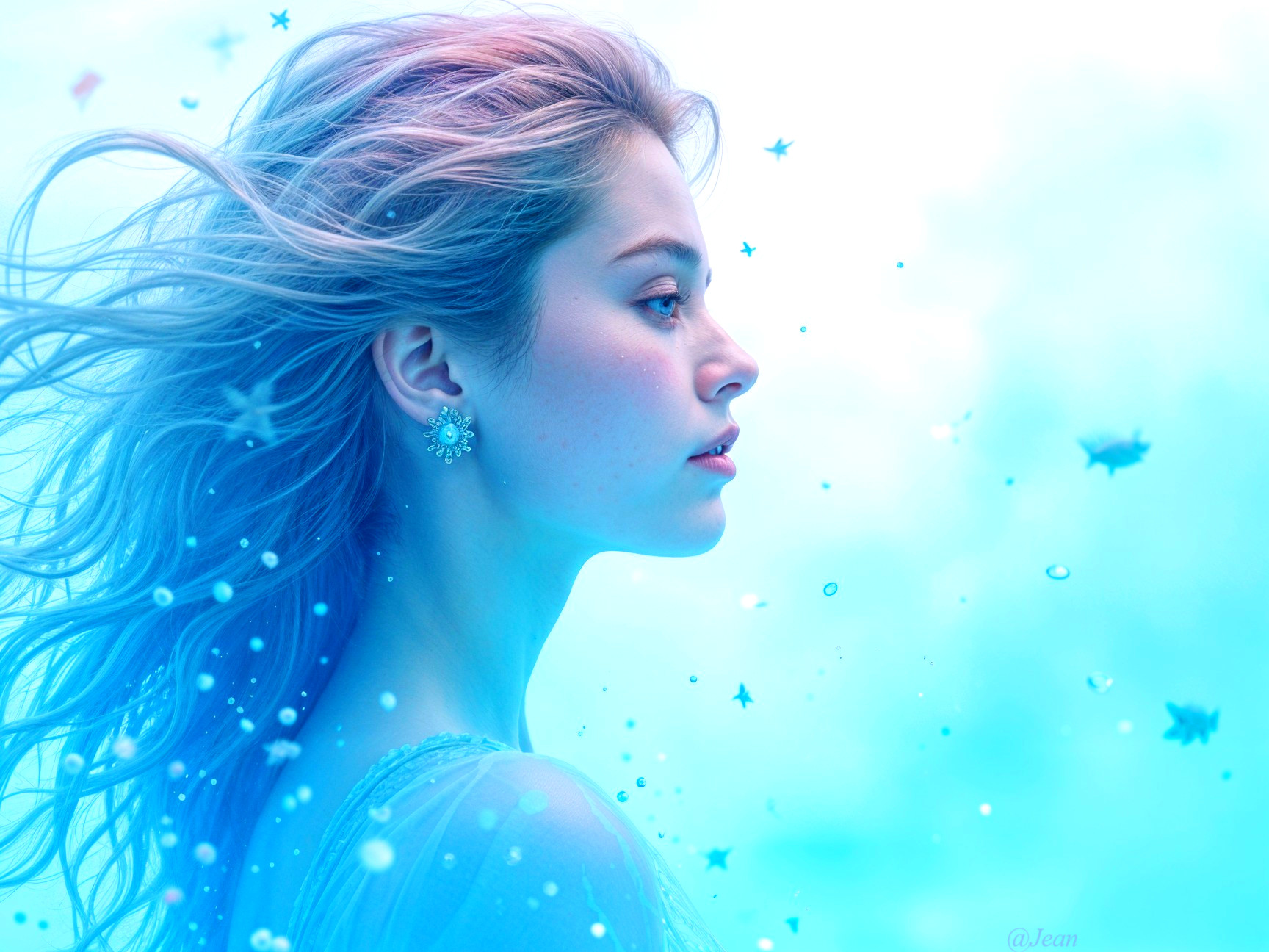 Side Profile of a Young Woman in Dreamlike Blue Light
