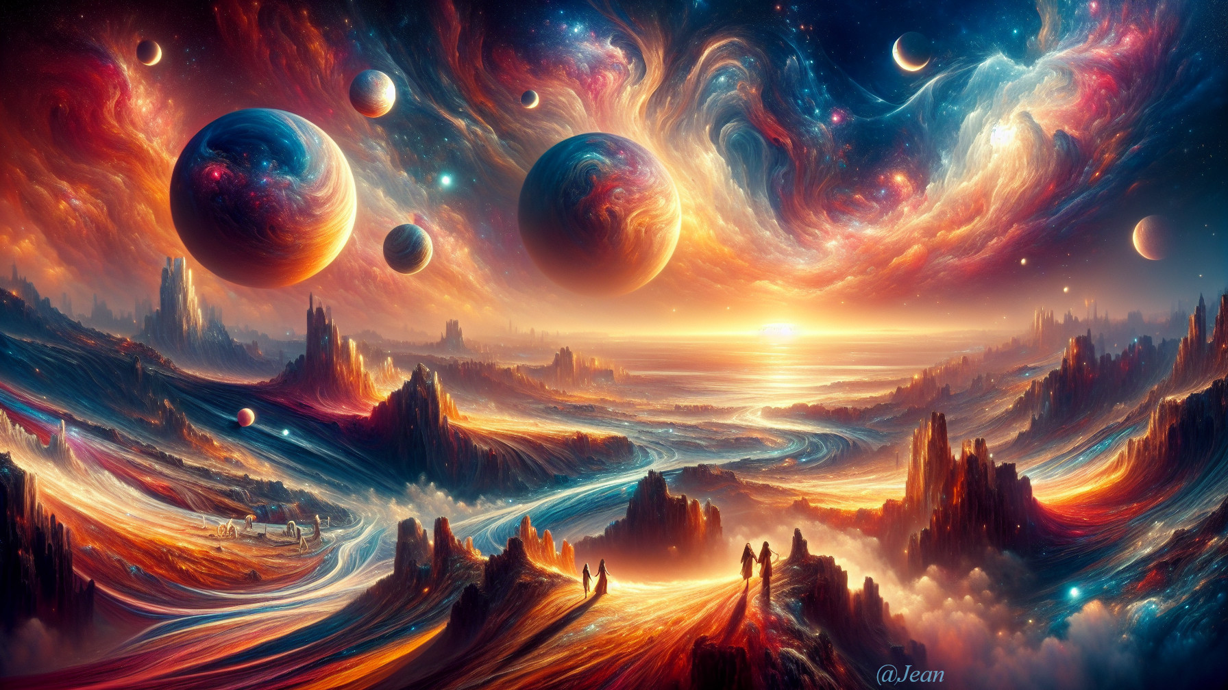 Vibrant Cosmic Landscape with Galaxies and Planets