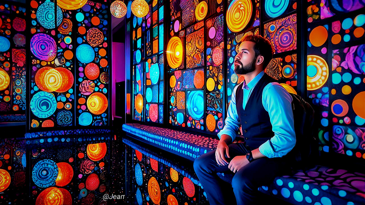 Man in Colorful Room with Circular Patterns and Lights