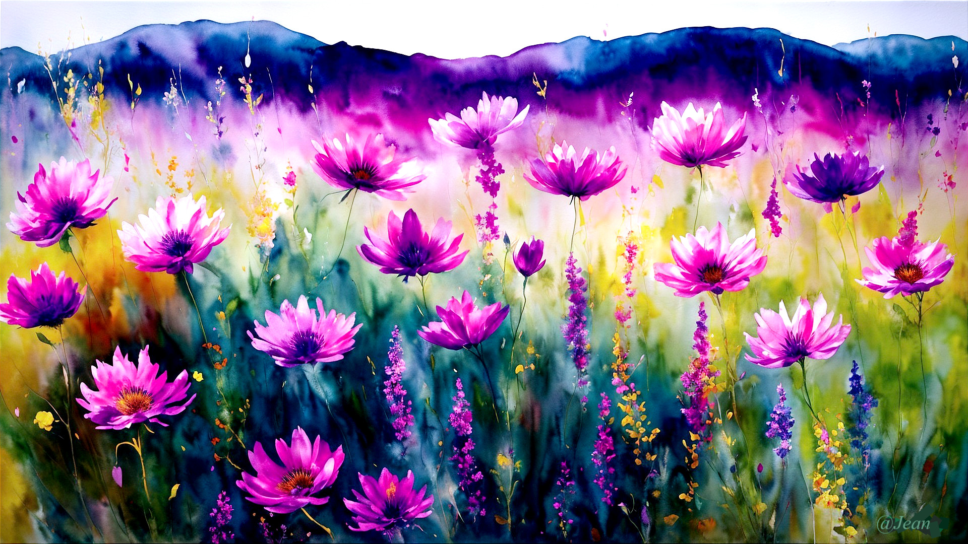 Wildflower Field Watercolor with Mountains Background