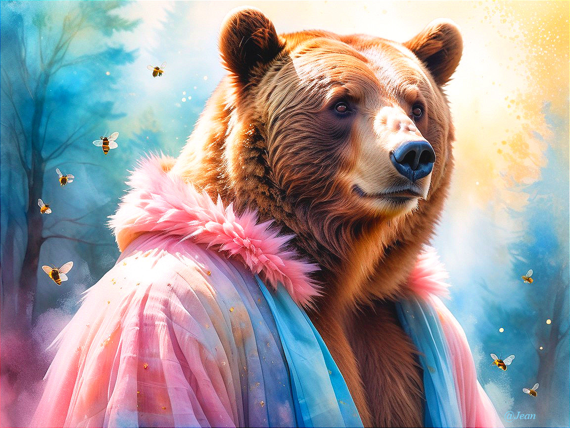 Majestic Bear in Pastel Gown in Dreamy Forest