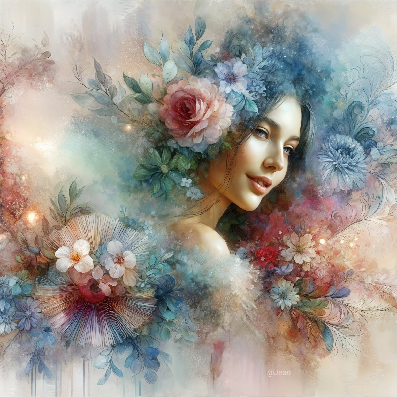 Serene Portrait of a Woman Surrounded by Flowers